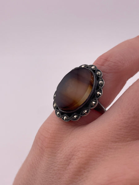 size 6 sterling silver Uncas Art Deco Montana agate marcasite ring