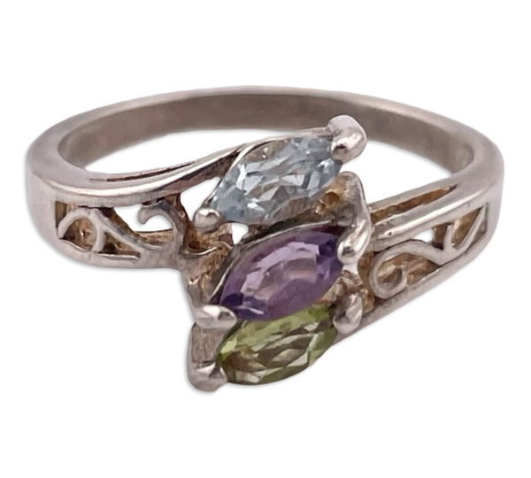 size 9 sterling silver faceted peridot amethyst topaz ring