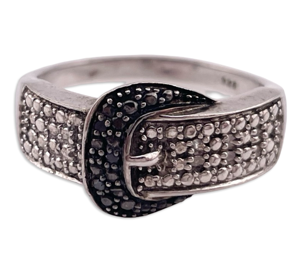 size 10 sterling silver white black lab diamond belt ring