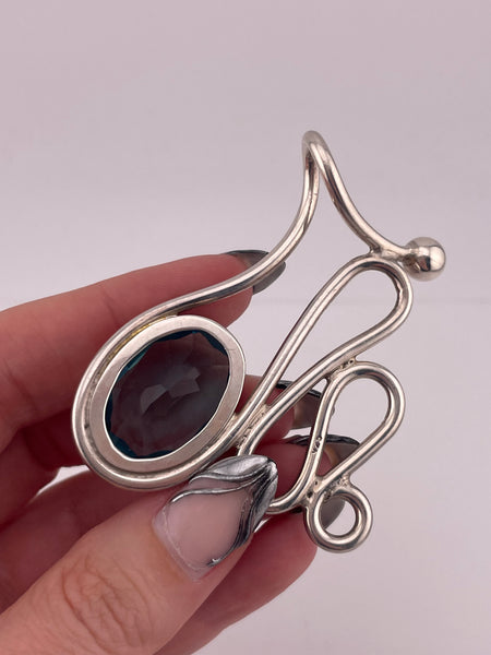 sterling silver large faceted blue glass pendant