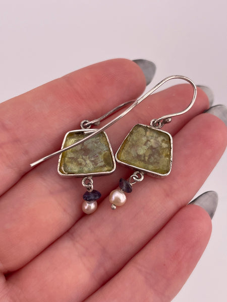 sterling silver Roman glass pearl hook dangle earrings