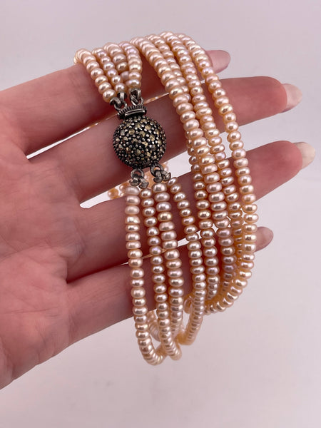 sterling silver marcasite quadruple strand synthetic pearl beaded necklace