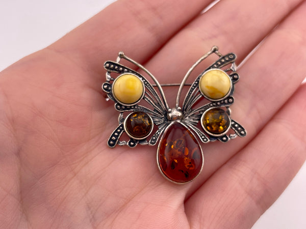 sterling silver amber butterfly pin brooch
