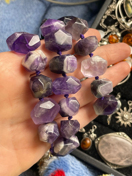 chunky beaded amethyst strand necklace w/ sterling silver hardware