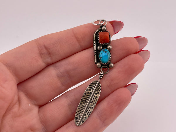 sterling silver turquoise coral leaf pendant