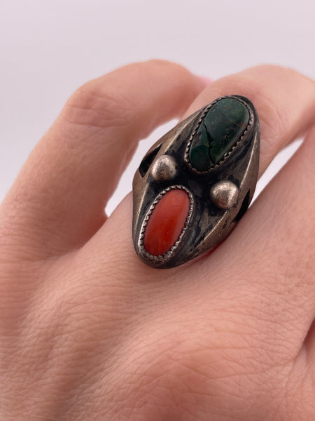 size 6.5 sterling silver coral & green turquoise ring **AS IS**