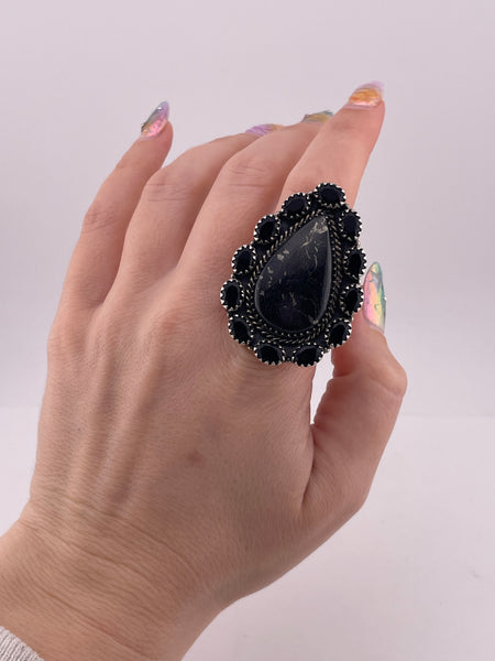 size 9.5 adjustable sterling silver large faceted glass & apache gold ring