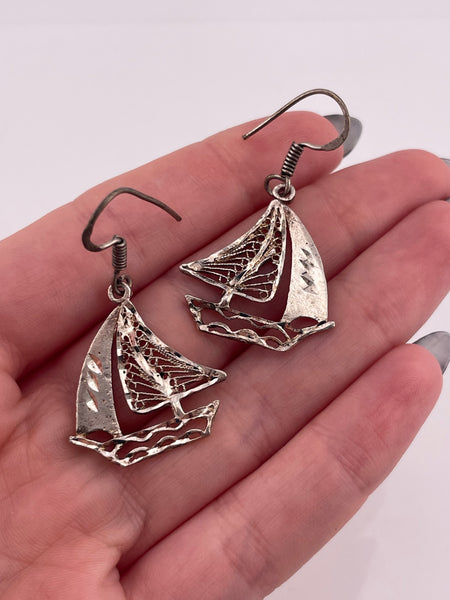 sterling silver rhodium plated etched sailboat hook dangle earrings