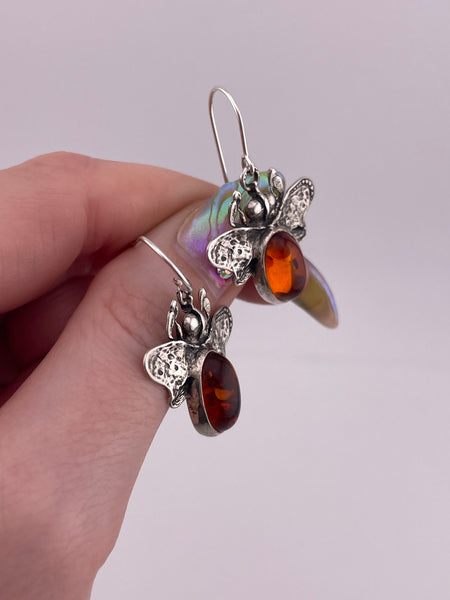 sterling silver amber bee dangle earrings