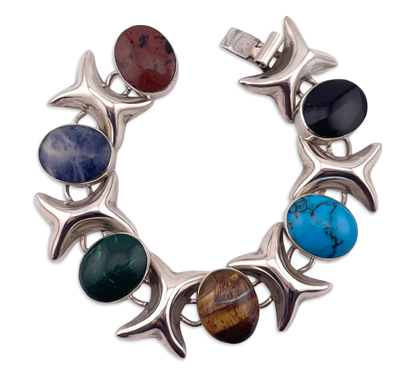 sterling silver 7 1/4" Mexican heavy mutli-stone link bracelet