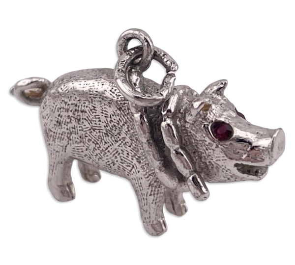 sterling silver rhodium plated solid pig red glass eyes pendant