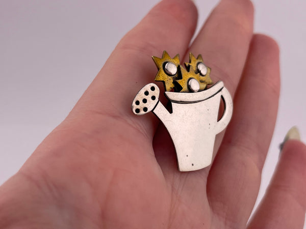 sterling silver & brass watering can flowers pin