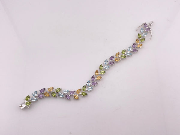 sterling silver faceted multi-gemstone link bracelet
