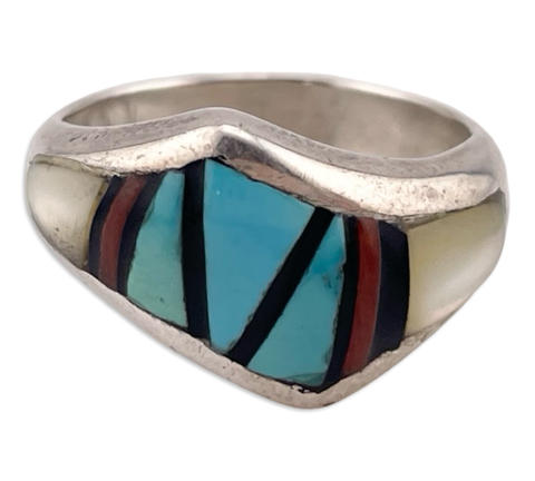 size 8 sterling silver multi-stone inlay ring