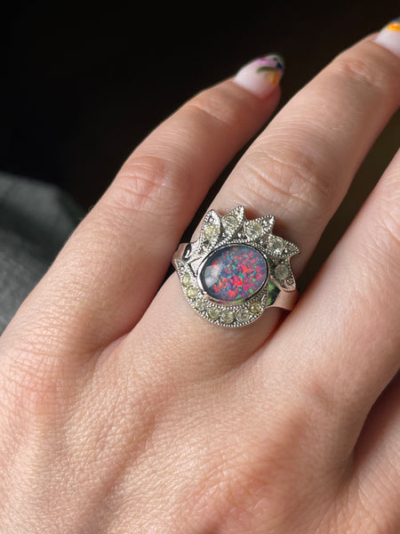 size 7 sterling silver rhodium plated opal triplet rhinestone ring