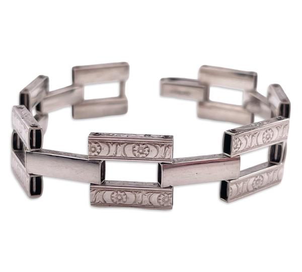 sterling silver stoneless Art Deco floral flower rectangle link bracelet