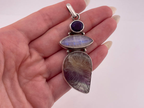 sterling silver faceted amethyst rainbow moonstone carved fluorite pendant