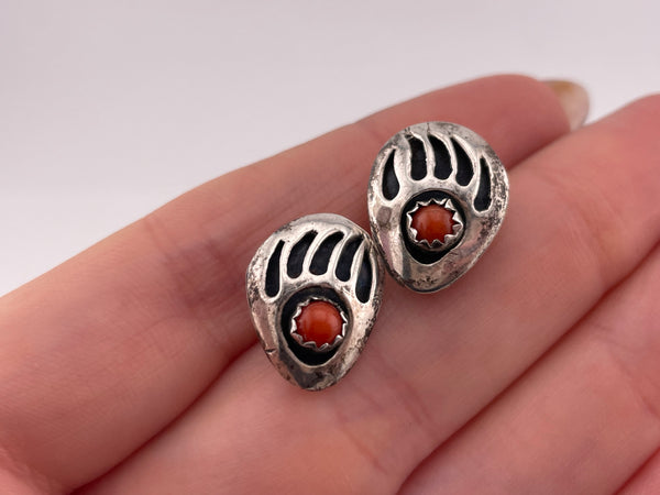 sterling silver coral bear paw post earrings