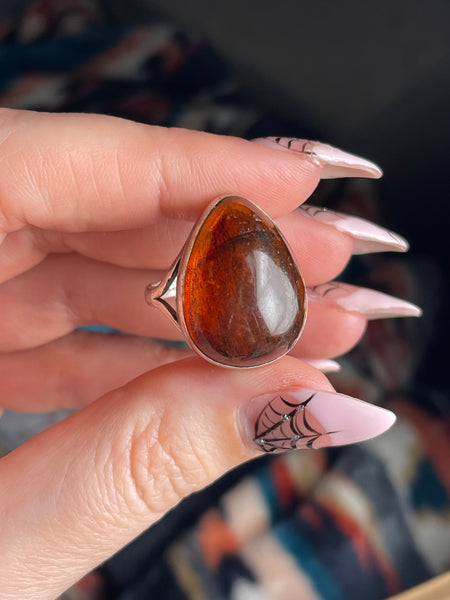 size 8.25 sterling silver pear shape amber ring