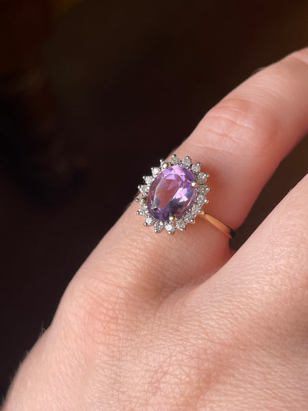 size 5.5 14k yellow gold faceted amethyst & diamond halo ring