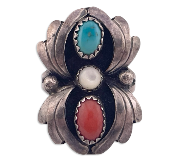 size 7 sterling silver coral mother of pearl turquoise  ring