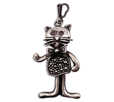 sterling silver marcasite glass eye cat dangle pendant