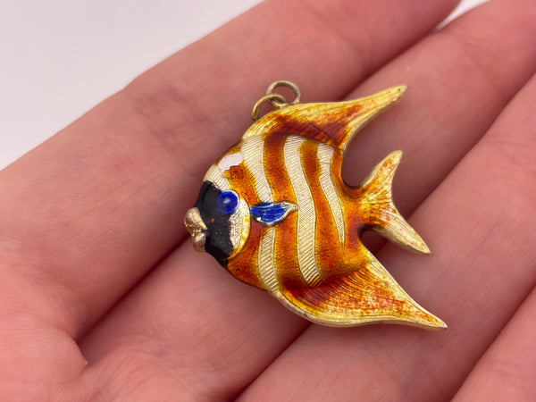 sterling silver orange yellow blue enamel fish pendant