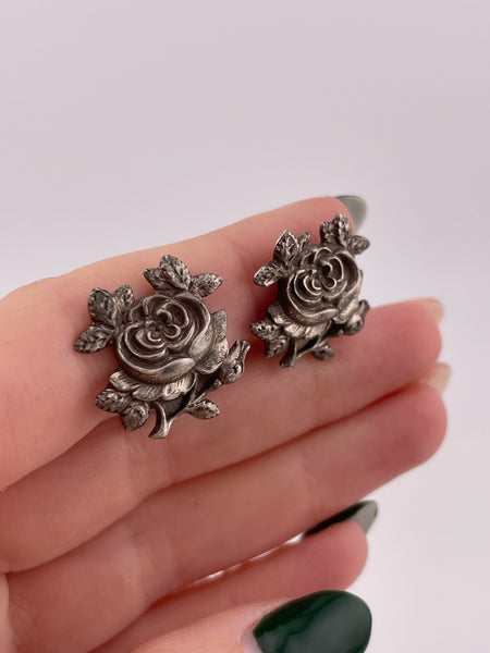 sterling silver rose flower clip-on earrings