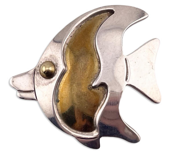 sterling silver & brass Mexican fish brooch pendant