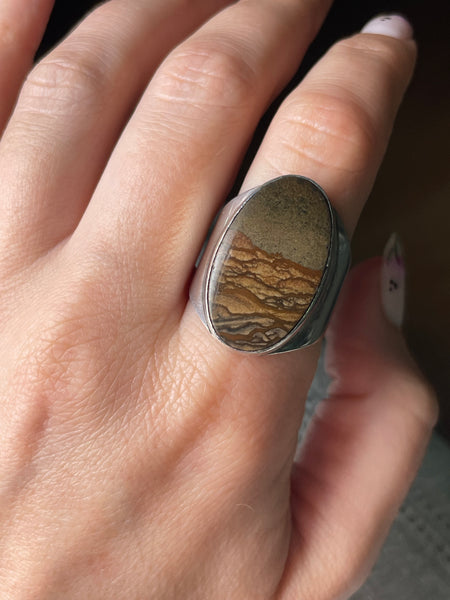 size 10.5 sterling silver landscape picture jasper ring