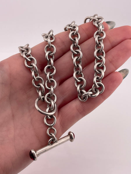 sterling silver heavy 76 grams red glass t-bar toggle clasp necklace