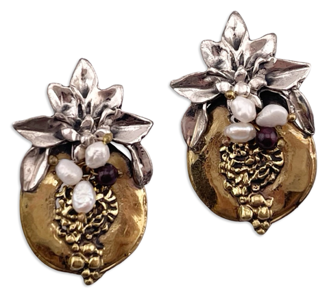 sterling silver & brass flower pearl garnet post earrings