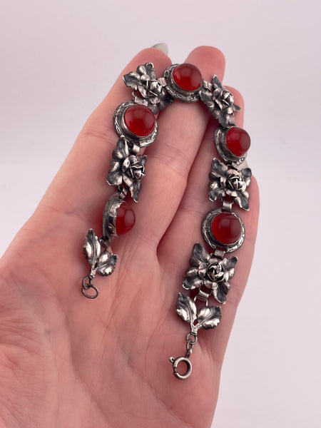 sterling silver 7-1/8" rhodium plated carnelian pressed flower bracelet