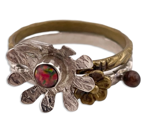 size 9.5 sterling silver & brass synthetic opal flower ring