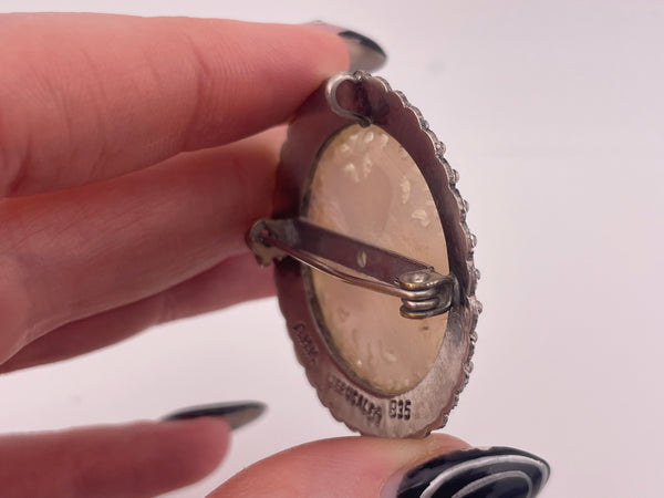 sterling silver carved synthetic mother of pearl pendant brooch