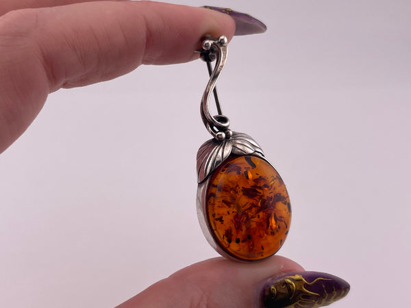 sterling silver amber leaf brooch pin