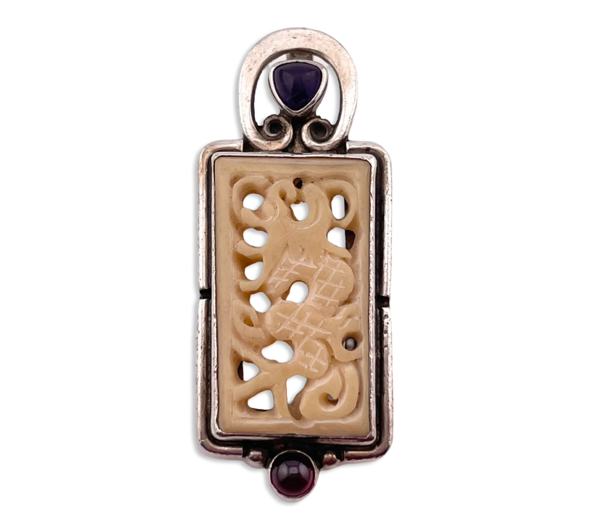 sterling silver carved resin amethyst garnet pendant