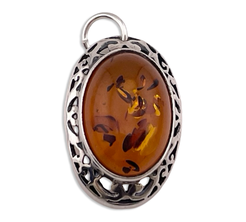 sterling silver amber oval scroll cut-out design pendant