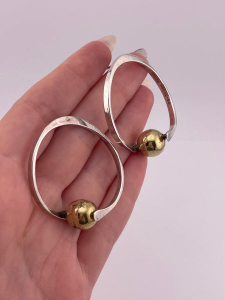 sterling silver & brass Mexican modern stoneless spinning orb post earrings **AS IS**