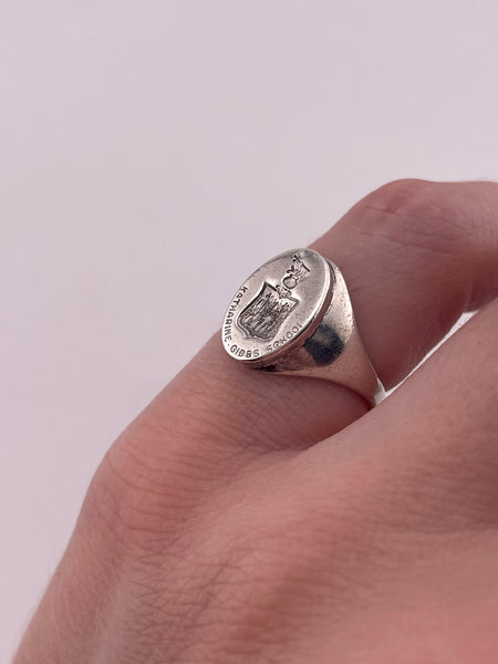 size 5.5 sterling silver engraved Katherine Gibbs School crest signet intaglio ring