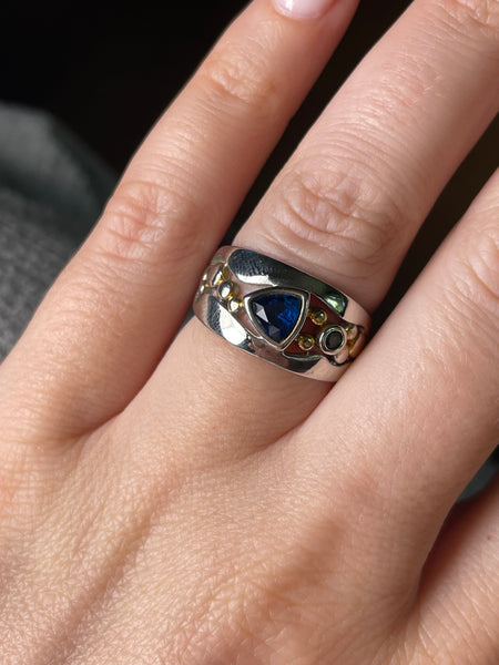size 6.75 sterling silver gold wash faceted blue green glass ring