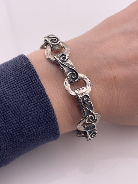 sterling silver chunky heavy 55 grams hammered circle swirl chain link bracelet