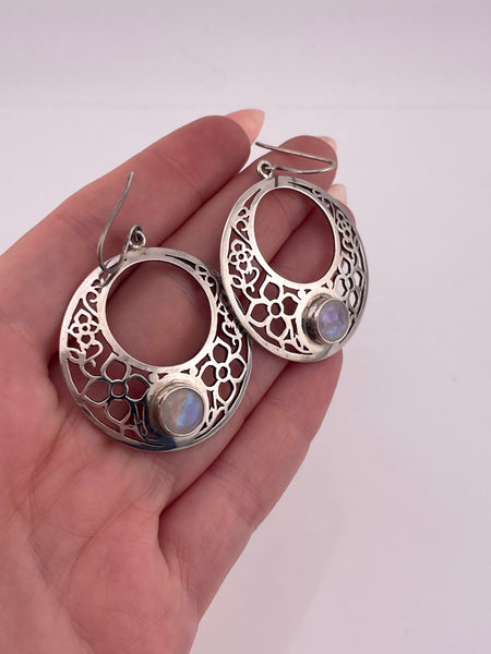 sterling silver faceted rainbow moonstone cut-out flower design hook dangle earrings