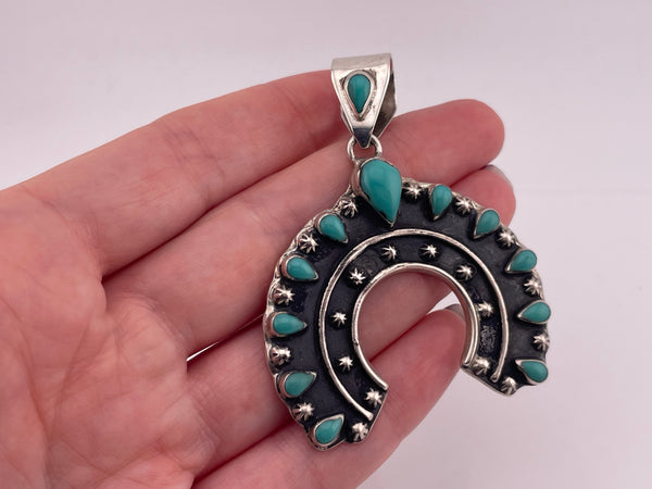 sterling silver Mexican block turquoise naja pendant