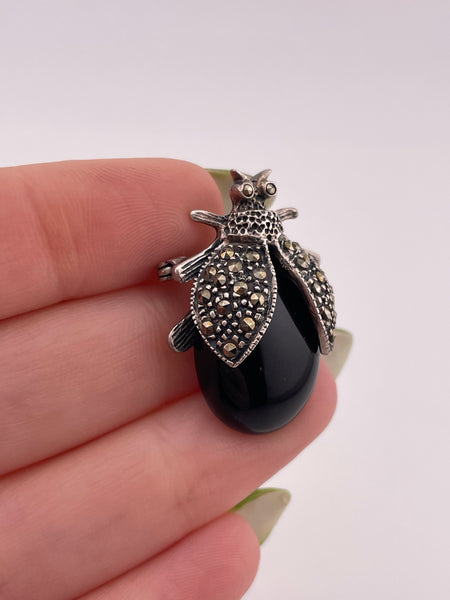 sterling silver bug insect marcasite black glass brooch pin