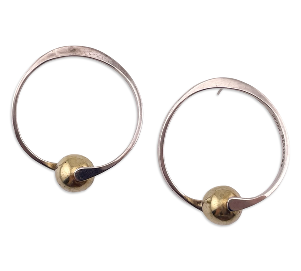 sterling silver & brass Mexican modern stoneless spinning orb post earrings **AS IS**