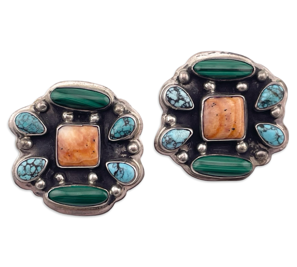 sterling silver Navajo Gary Johnson spiny oyster turquoise malachite post earrings
