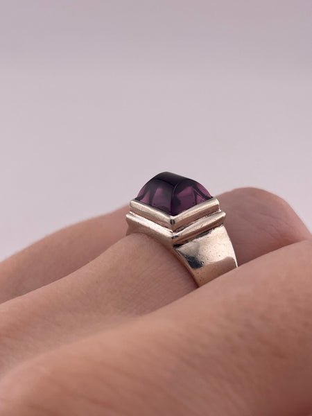 size 6.75 sterling silver shaped purple glass rectangle ring