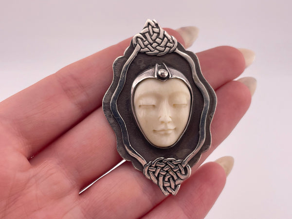 sterling silver molded plastic face pendant brooch