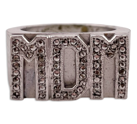 size 4.5 sterling silver brushed silver 'MDM' initials marcasite ring